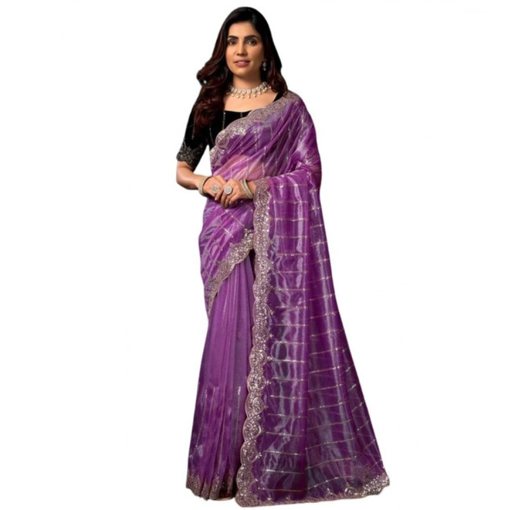 Women's Net Sequence Saree With Unstitched Blouse 5.5Mtr (Lavender) - VANSHELLE