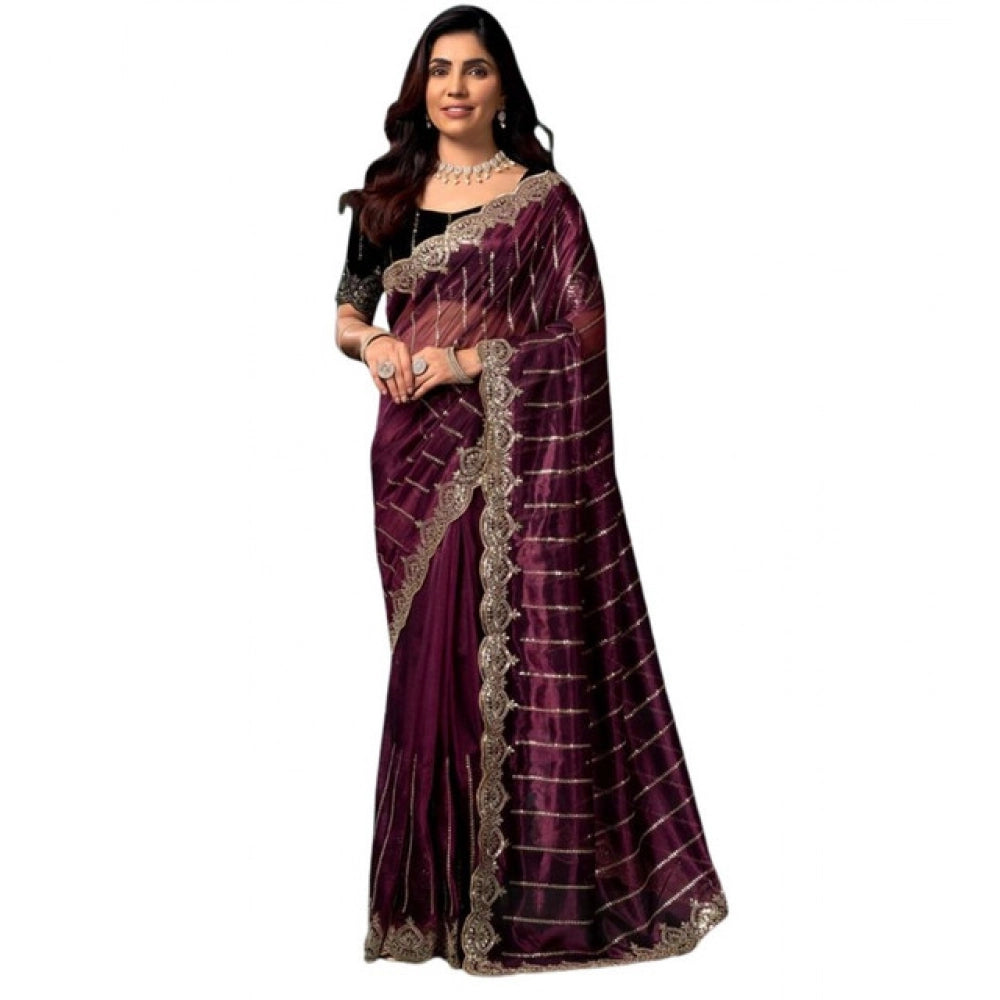 Women's Net Sequence Saree With Unstitched Blouse 5.5Mtr (Maroon) - VANSHELLE
