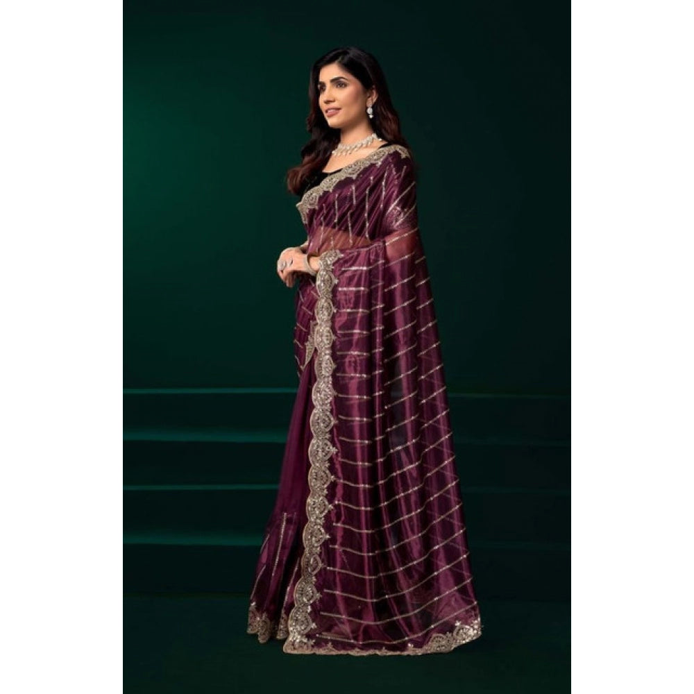 Women's Net Sequence Saree With Unstitched Blouse 5.5Mtr (Maroon) - VANSHELLE