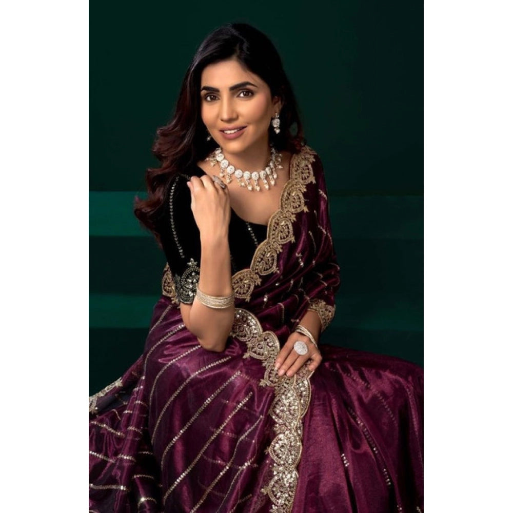Women's Net Sequence Saree With Unstitched Blouse 5.5Mtr (Maroon) - VANSHELLE