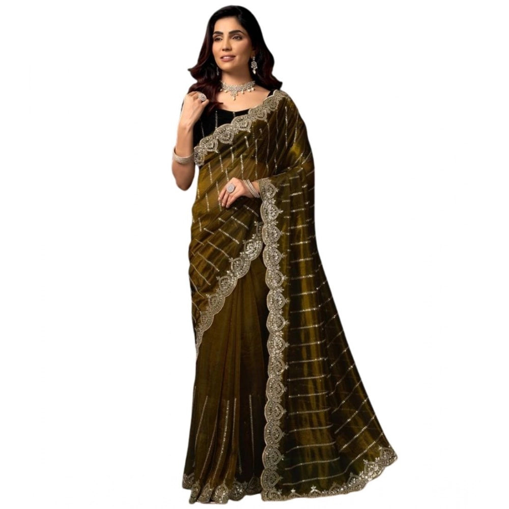 Women's Net Sequence Saree With Unstitched Blouse 5.5Mtr (Olive) - VANSHELLE