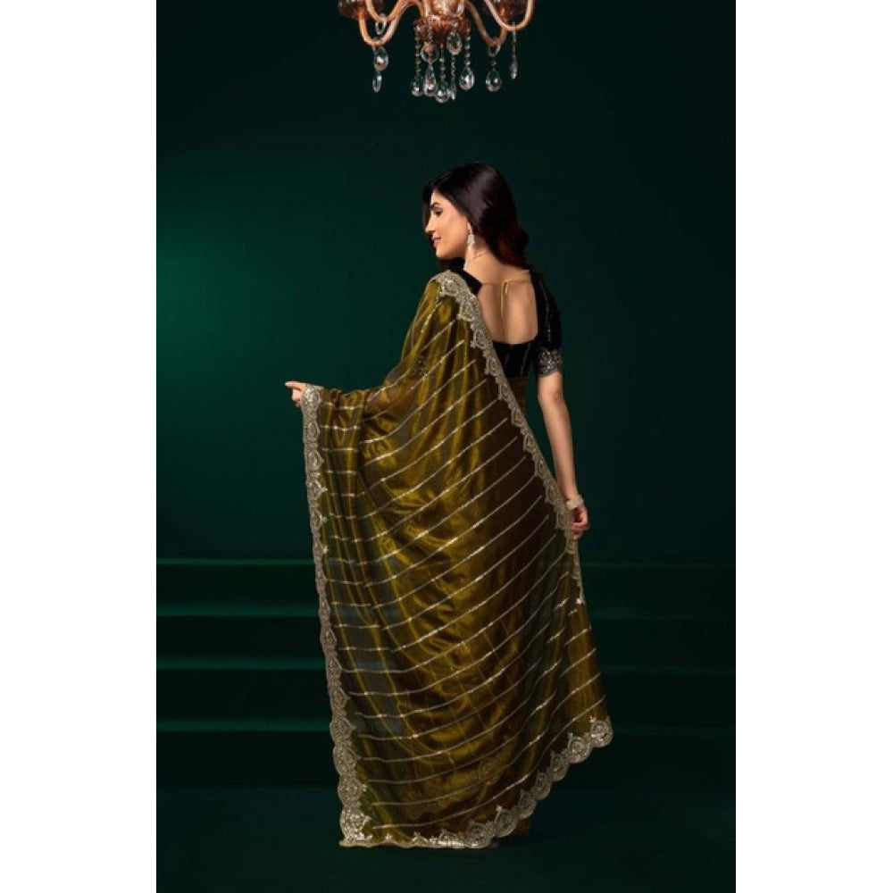 Women's Net Sequence Saree With Unstitched Blouse 5.5Mtr (Olive) - VANSHELLE