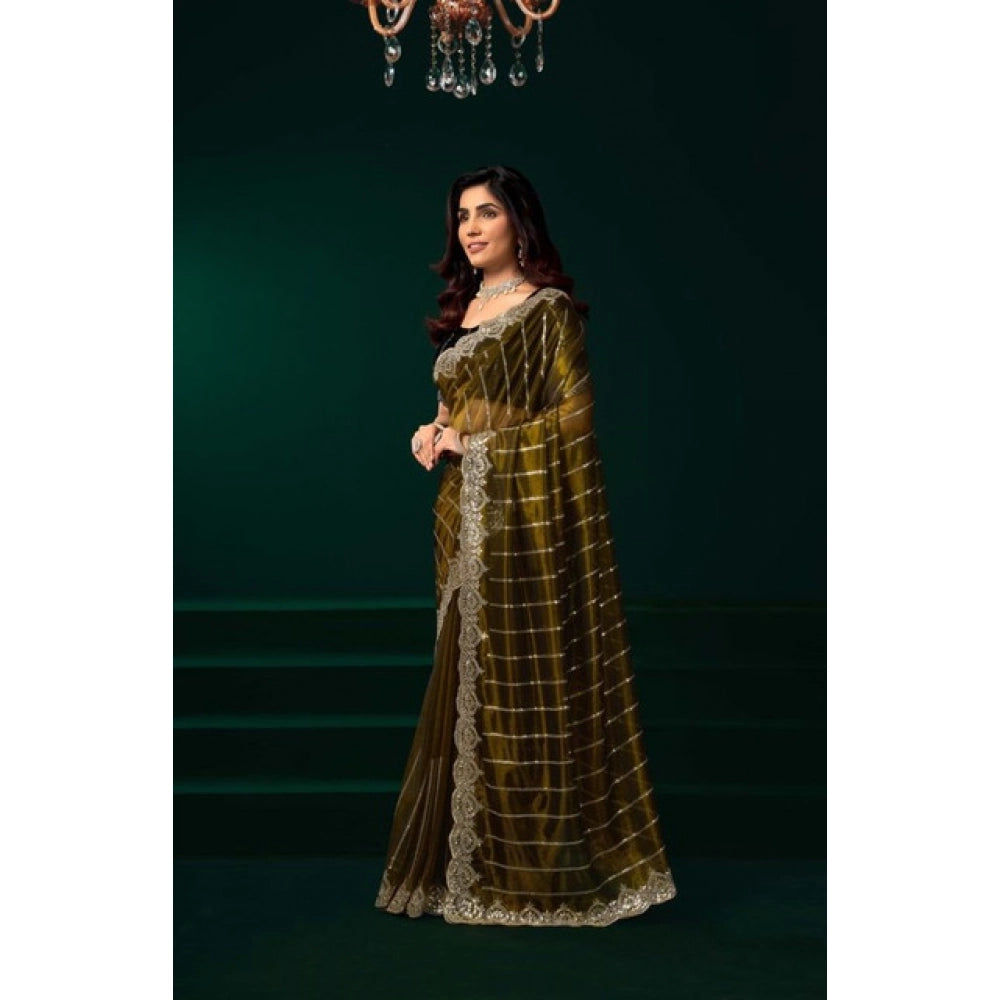Women's Net Sequence Saree With Unstitched Blouse 5.5Mtr (Olive) - VANSHELLE