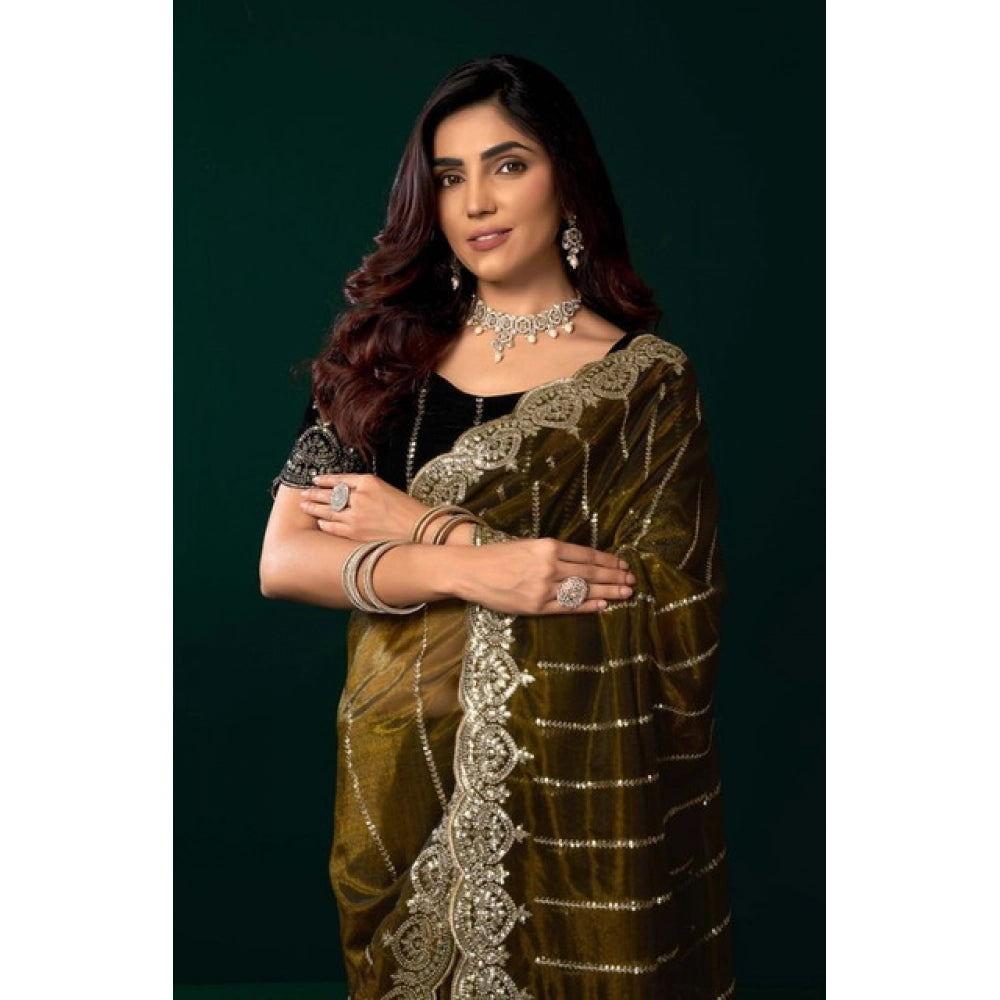 Women's Net Sequence Saree With Unstitched Blouse 5.5Mtr (Olive) - VANSHELLE