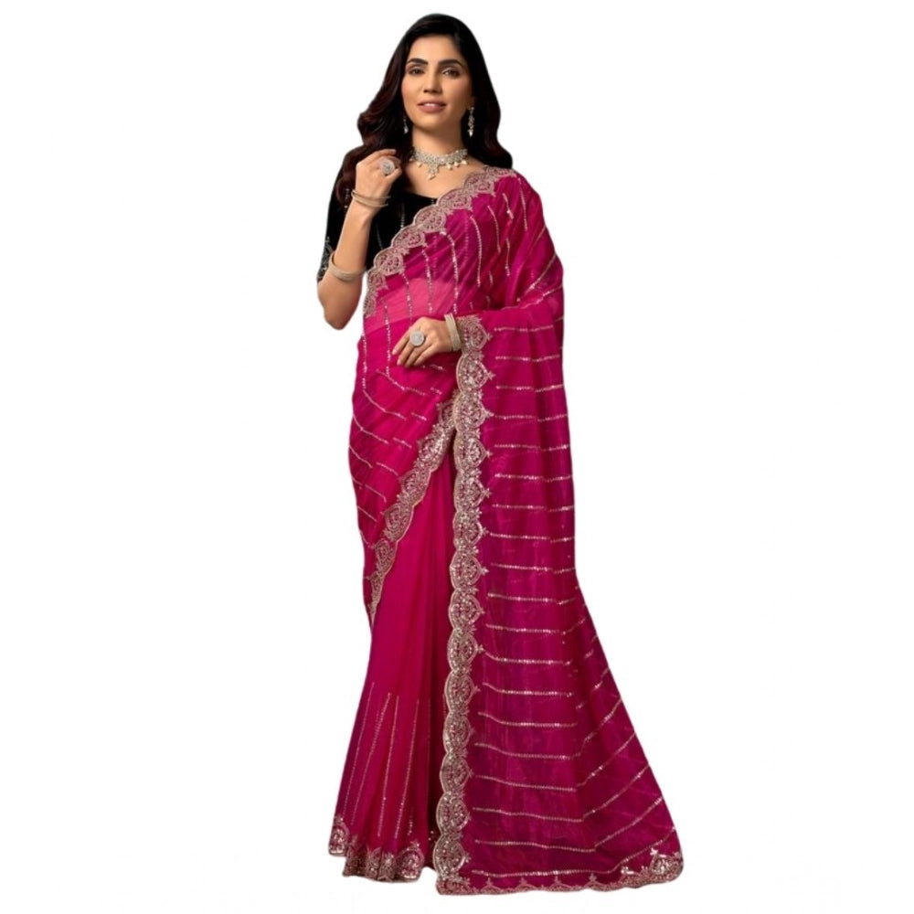 Women's Net Sequence Saree With Unstitched Blouse 5.5Mtr (Pink) - VANSHELLE
