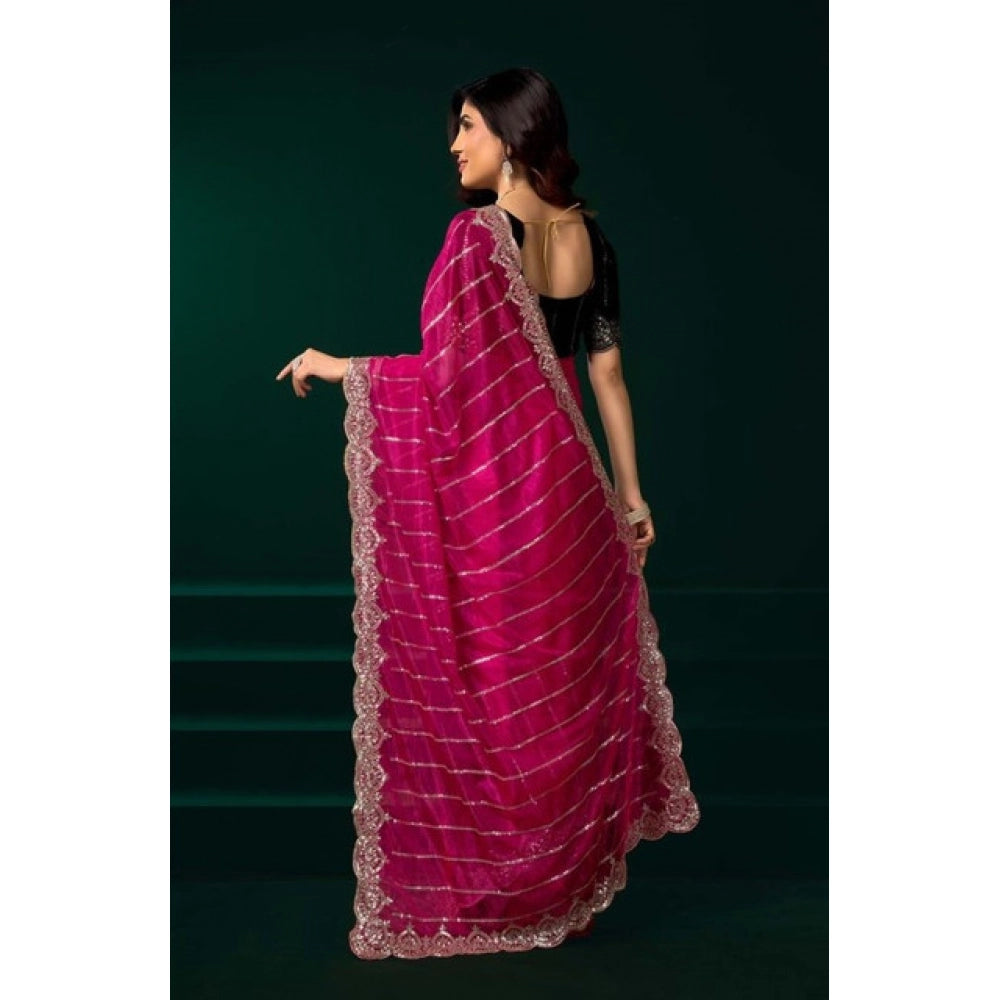 Women's Net Sequence Saree With Unstitched Blouse 5.5Mtr (Pink) - VANSHELLE
