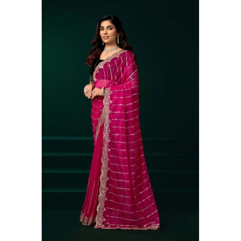 Women's Net Sequence Saree With Unstitched Blouse 5.5Mtr (Pink) - VANSHELLE