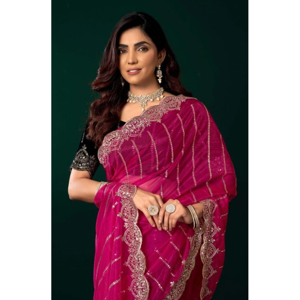 Women's Net Sequence Saree With Unstitched Blouse 5.5Mtr (Pink) - VANSHELLE