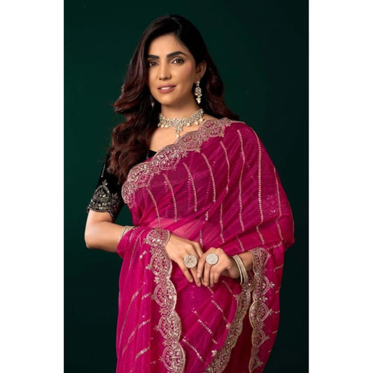 Women's Net Sequence Saree With Unstitched Blouse 5.5Mtr (Pink) - VANSHELLE