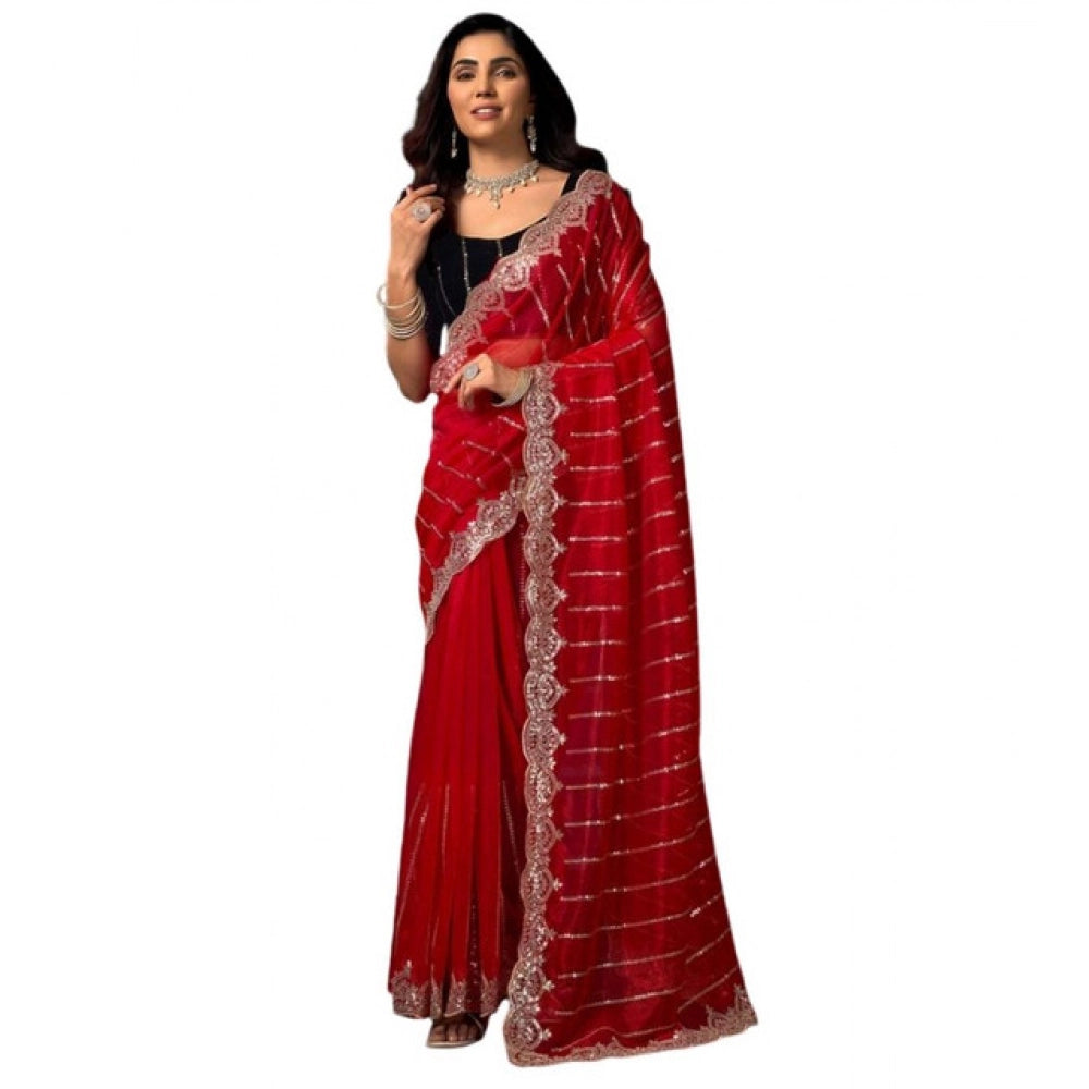 Women's Net Sequence Saree With Unstitched Blouse 5.5Mtr (Red) - VANSHELLE