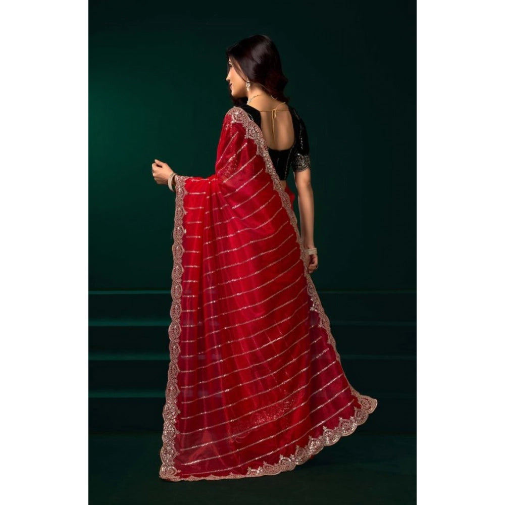 Women's Net Sequence Saree With Unstitched Blouse 5.5Mtr (Red) - VANSHELLE