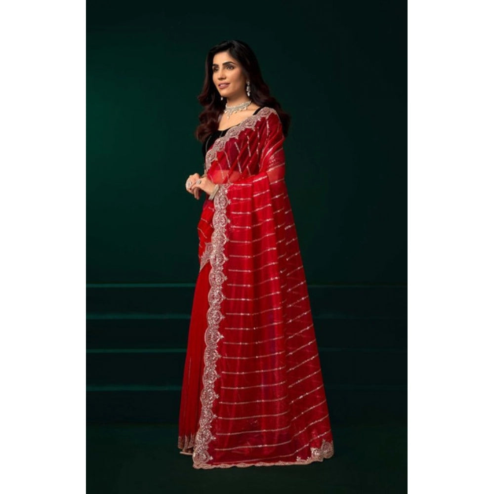 Women's Net Sequence Saree With Unstitched Blouse 5.5Mtr (Red) - VANSHELLE