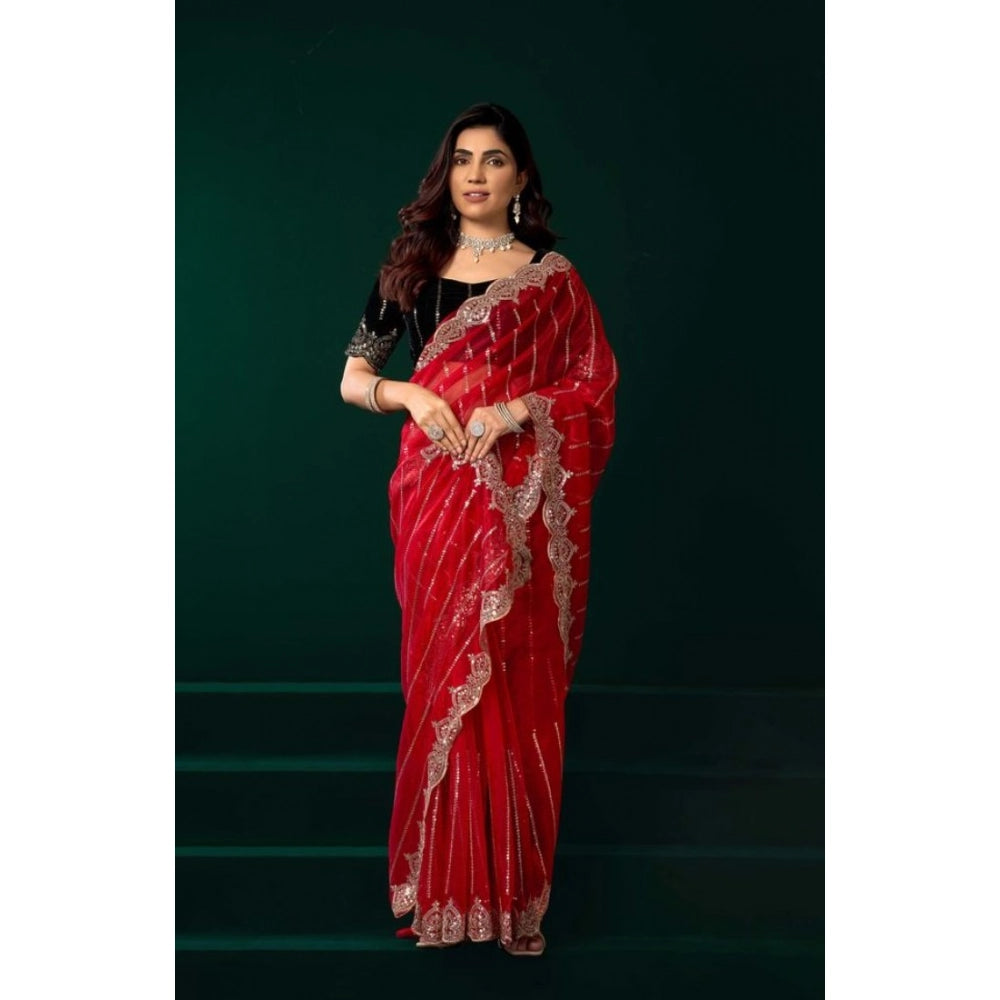 Women's Net Sequence Saree With Unstitched Blouse 5.5Mtr (Red) - VANSHELLE