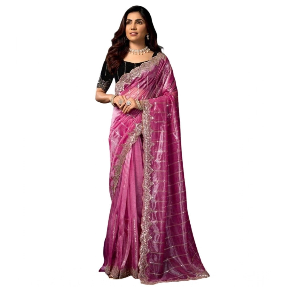 Women's Net Sequence Saree With Unstitched Blouse 5.5Mtr (Pink) - VANSHELLE
