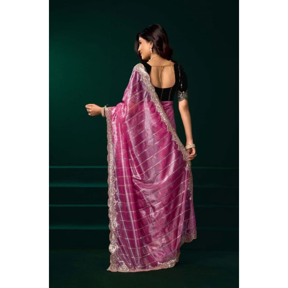 Women's Net Sequence Saree With Unstitched Blouse 5.5Mtr (Pink) - VANSHELLE