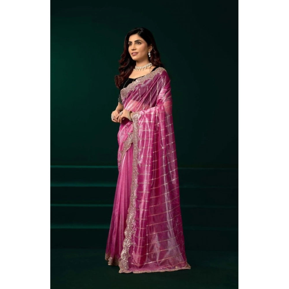 Women's Net Sequence Saree With Unstitched Blouse 5.5Mtr (Pink) - VANSHELLE