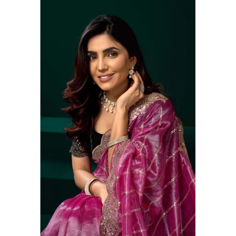 Women's Net Sequence Saree With Unstitched Blouse 5.5Mtr (Pink) - VANSHELLE