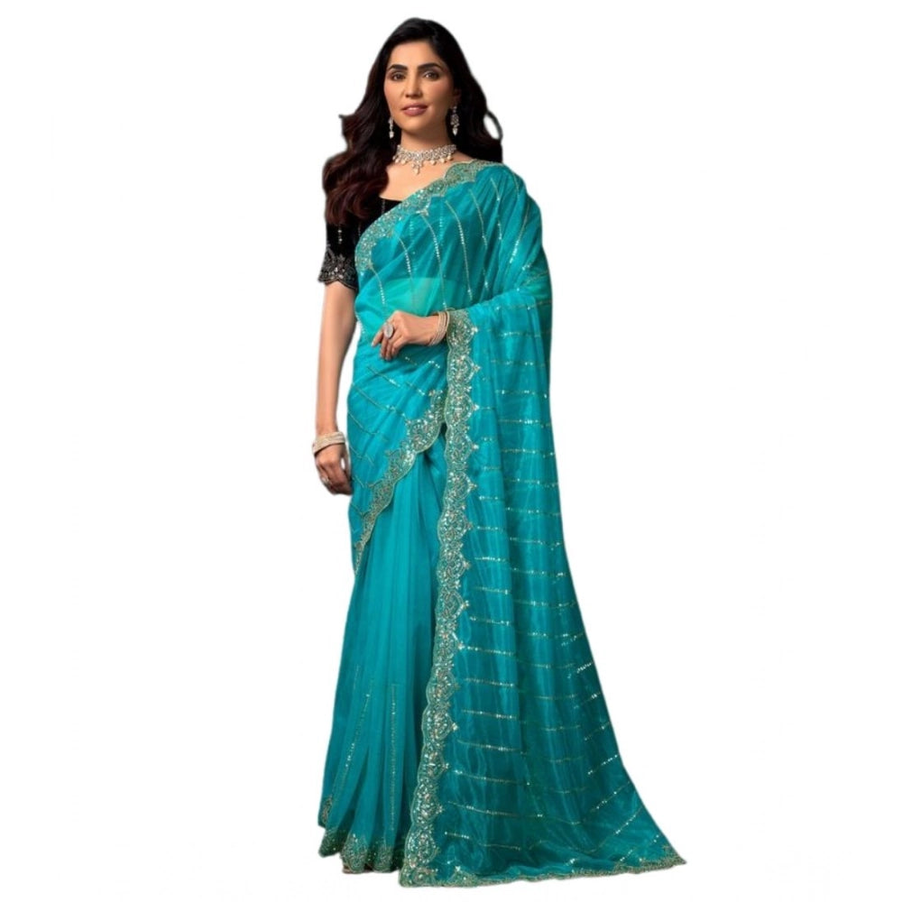 Women's Net Sequence Saree With Unstitched Blouse 5.5Mtr (Turquoise) - VANSHELLE