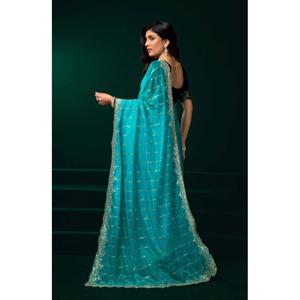 Women's Net Sequence Saree With Unstitched Blouse 5.5Mtr (Turquoise) - VANSHELLE