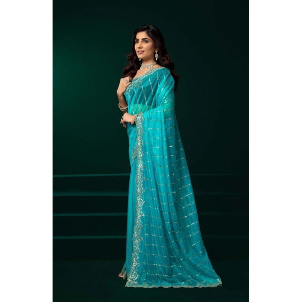 Women's Net Sequence Saree With Unstitched Blouse 5.5Mtr (Turquoise) - VANSHELLE