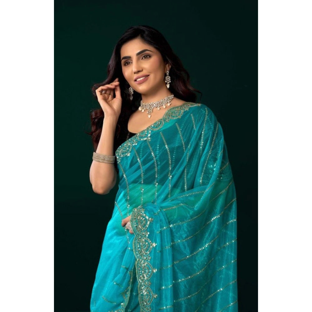 Women's Net Sequence Saree With Unstitched Blouse 5.5Mtr (Turquoise) - VANSHELLE