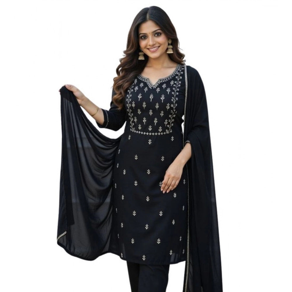 Women's Georgette Ethnic Motif Round 3/4th Sleeve Kurti With Pant Dupatta Set (Black) - VANSHELLE