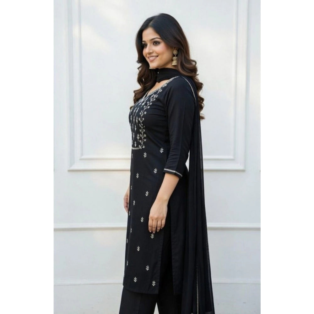 Women's Georgette Ethnic Motif Round 3/4th Sleeve Kurti With Pant Dupatta Set (Black) - VANSHELLE