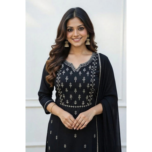 Women's Georgette Ethnic Motif Round 3/4th Sleeve Kurti With Pant Dupatta Set (Black) - VANSHELLE