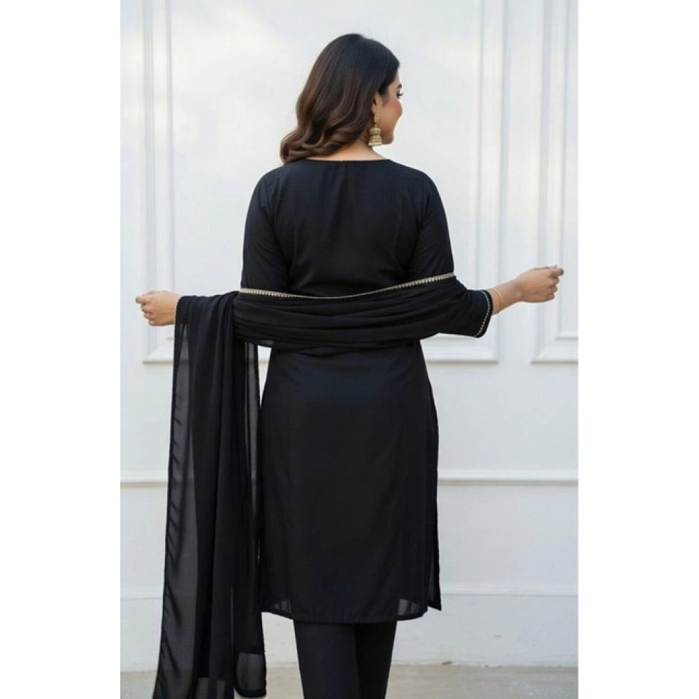 Women's Georgette Ethnic Motif Round 3/4th Sleeve Kurti With Pant Dupatta Set (Black) - VANSHELLE