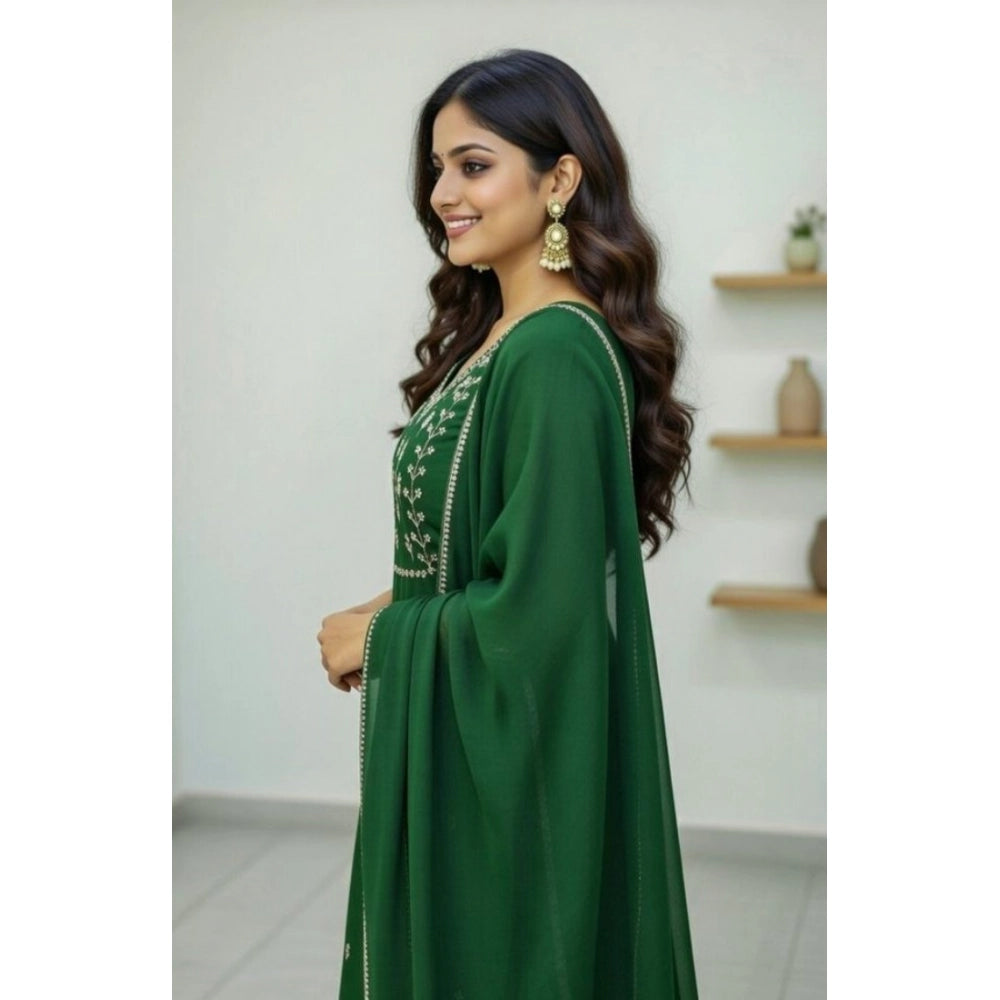 Women's Georgette Ethnic Motif Round 3/4th Sleeve Kurti With Pant Dupatta Set (Green) - VANSHELLE