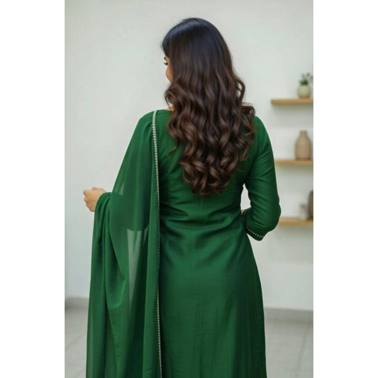 Women's Georgette Ethnic Motif Round 3/4th Sleeve Kurti With Pant Dupatta Set (Green) - VANSHELLE