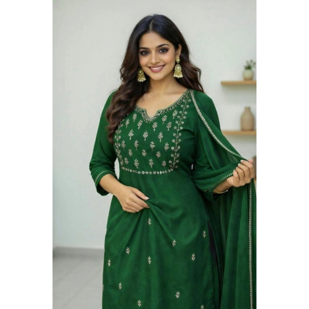 Women's Georgette Ethnic Motif Round 3/4th Sleeve Kurti With Pant Dupatta Set (Green) - VANSHELLE