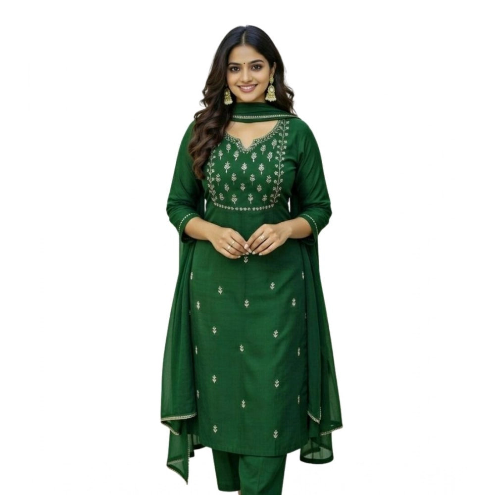 Women's Georgette Ethnic Motif Round 3/4th Sleeve Kurti With Pant Dupatta Set (Green) - VANSHELLE