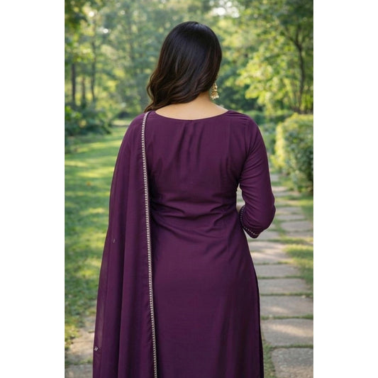 Women's Georgette Ethnic Motif Round 3/4th Sleeve Kurti With Pant Dupatta Set (Magenta) - VANSHELLE