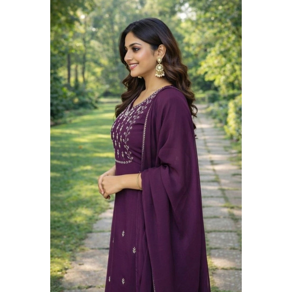 Women's Georgette Ethnic Motif Round 3/4th Sleeve Kurti With Pant Dupatta Set (Magenta) - VANSHELLE
