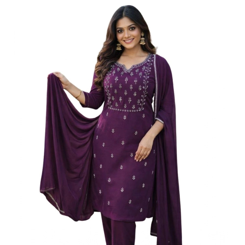 Women's Georgette Ethnic Motif Round 3/4th Sleeve Kurti With Pant Dupatta Set (Magenta) - VANSHELLE