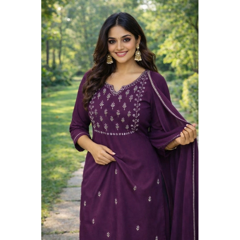 Women's Georgette Ethnic Motif Round 3/4th Sleeve Kurti With Pant Dupatta Set (Magenta) - VANSHELLE