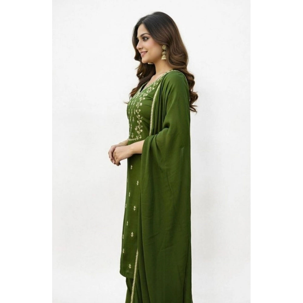 Women's Georgette Ethnic Motif Round 3/4th Sleeve Kurti With Pant Dupatta Set (Mahendi) - VANSHELLE