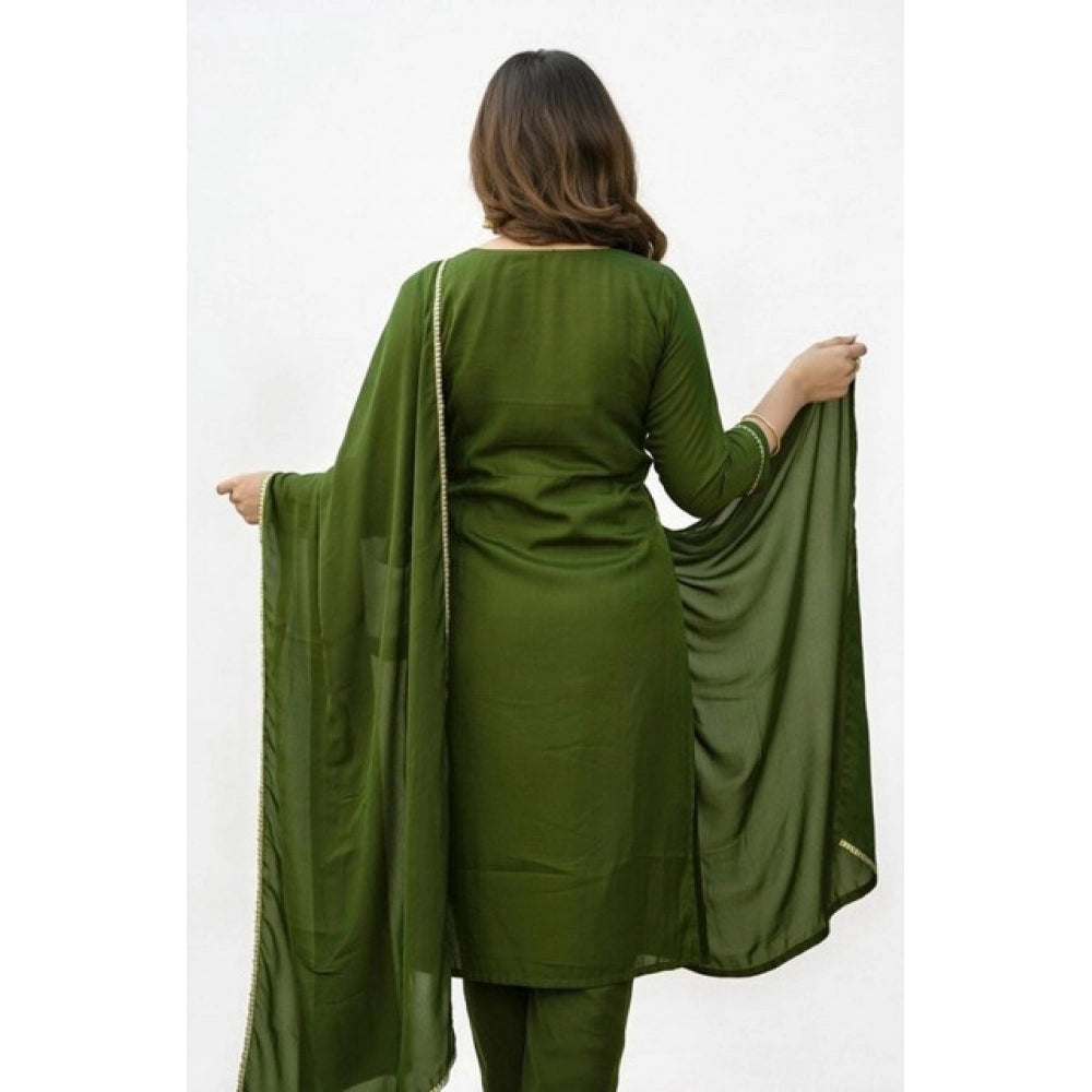 Women's Georgette Ethnic Motif Round 3/4th Sleeve Kurti With Pant Dupatta Set (Mahendi) - VANSHELLE