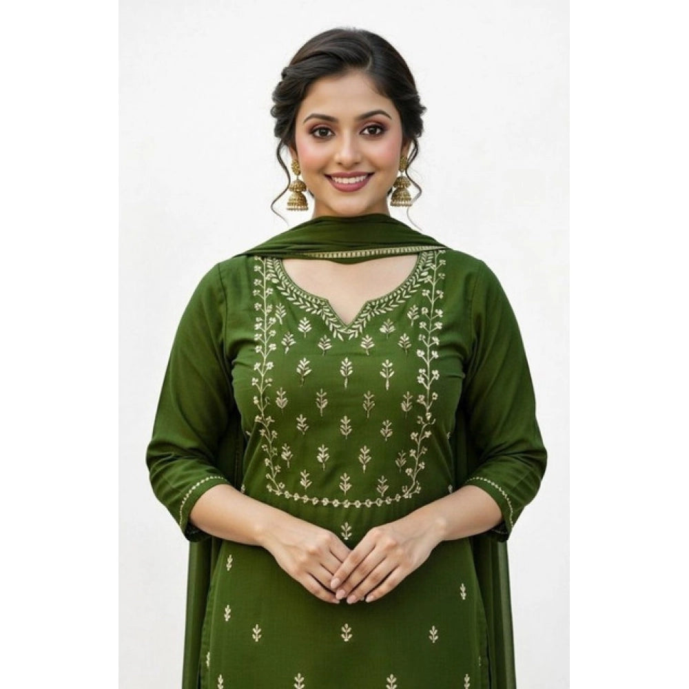 Women's Georgette Ethnic Motif Round 3/4th Sleeve Kurti With Pant Dupatta Set (Mahendi) by Vanshelle