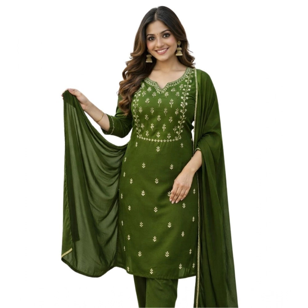Women's Georgette Ethnic Motif Round 3/4th Sleeve Kurti With Pant Dupatta Set (Mahendi) - VANSHELLE