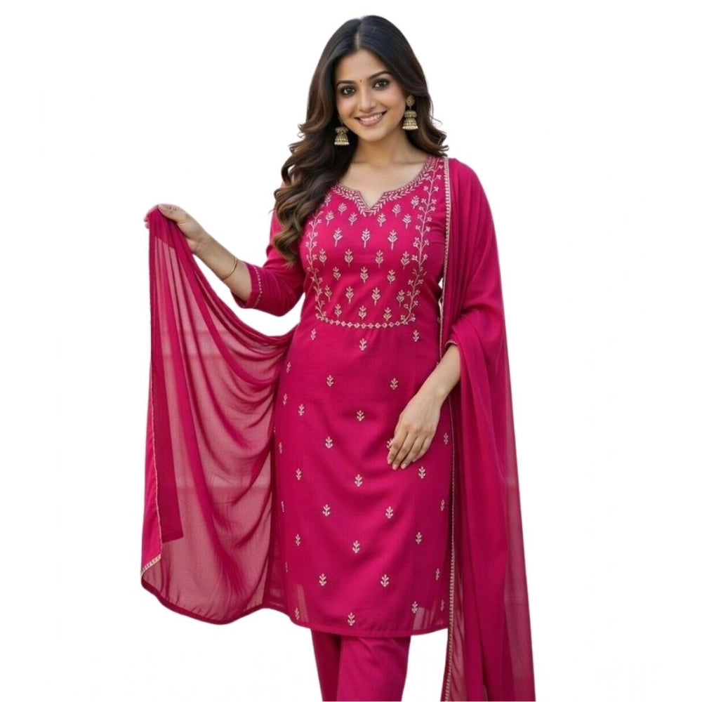 Women's Georgette Ethnic Motif Round 3/4th Sleeve Kurti With Pant Dupatta Set (Pink) - VANSHELLE