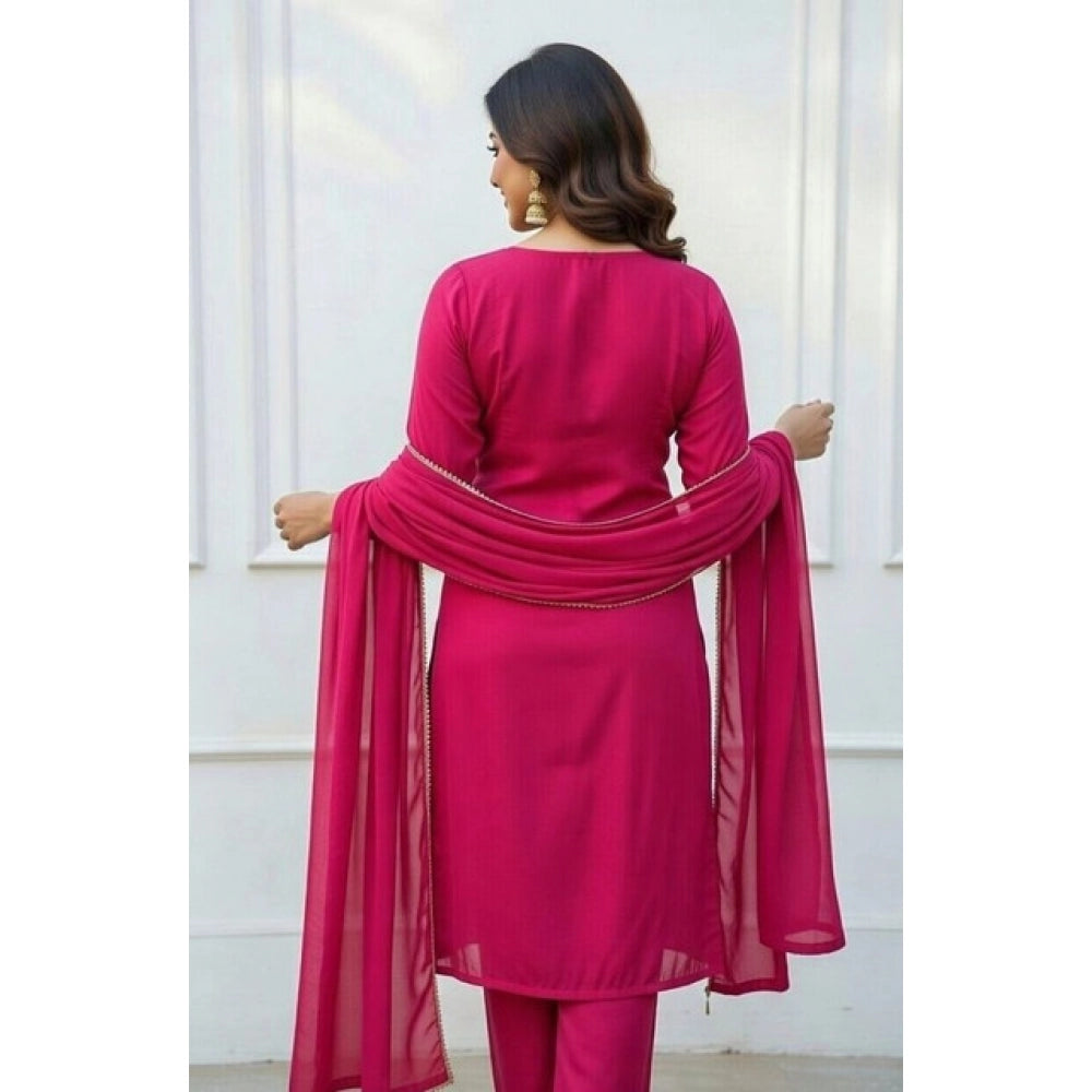 Women's Georgette Ethnic Motif Round 3/4th Sleeve Kurti With Pant Dupatta Set (Pink) - VANSHELLE