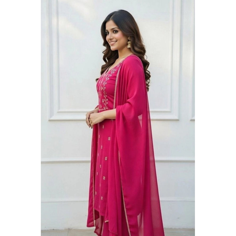 Women's Georgette Ethnic Motif Round 3/4th Sleeve Kurti With Pant Dupatta Set (Pink) - VANSHELLE