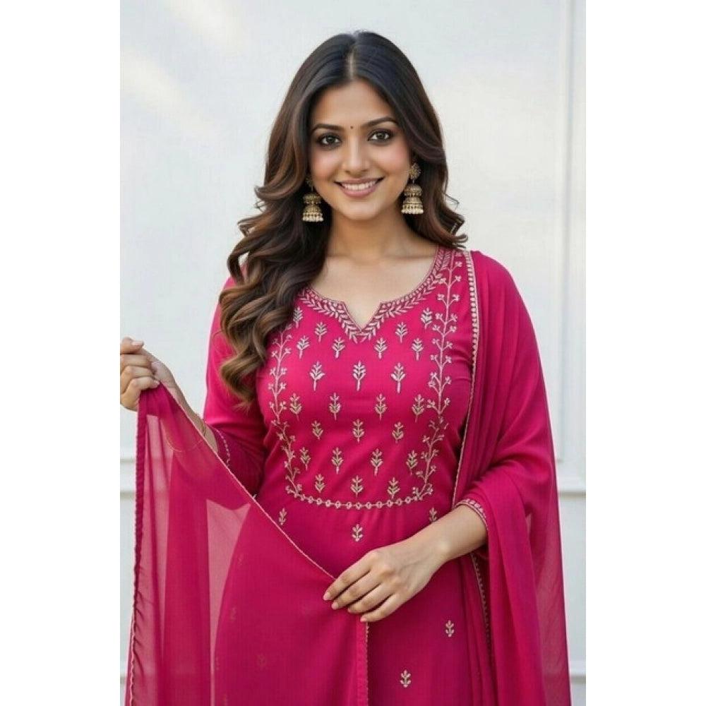 Women's Georgette Ethnic Motif Round 3/4th Sleeve Kurti With Pant Dupatta Set (Pink) - VANSHELLE