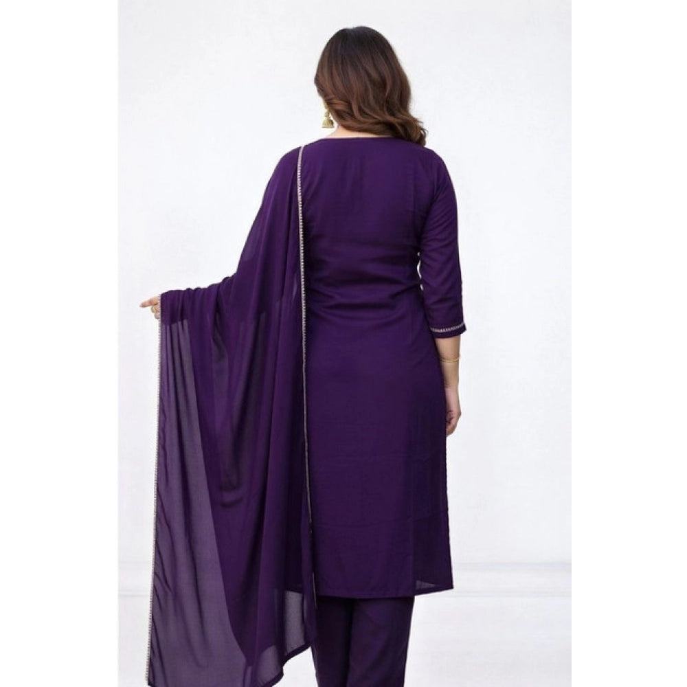 Women's Georgette Ethnic Motif Round 3/4th Sleeve Kurti With Pant Dupatta Set (Purple) - VANSHELLE