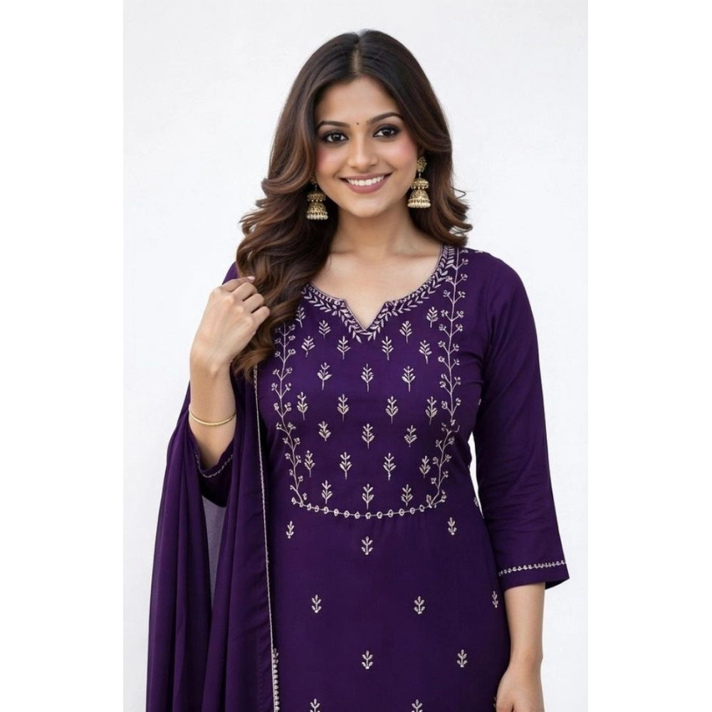 Women's Georgette Ethnic Motif Round 3/4th Sleeve Kurti With Pant Dupatta Set (Purple) - VANSHELLE