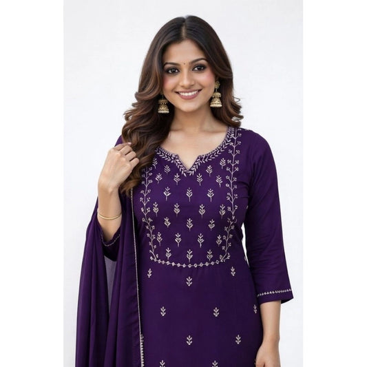 Women's Georgette Ethnic Motif Round 3/4th Sleeve Kurti With Pant Dupatta Set (Purple) - VANSHELLE
