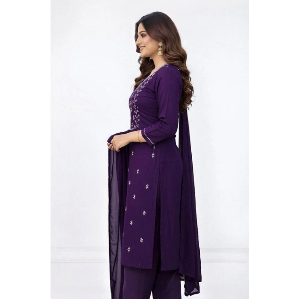 Women's Georgette Ethnic Motif Round 3/4th Sleeve Kurti With Pant Dupatta Set (Purple) - VANSHELLE