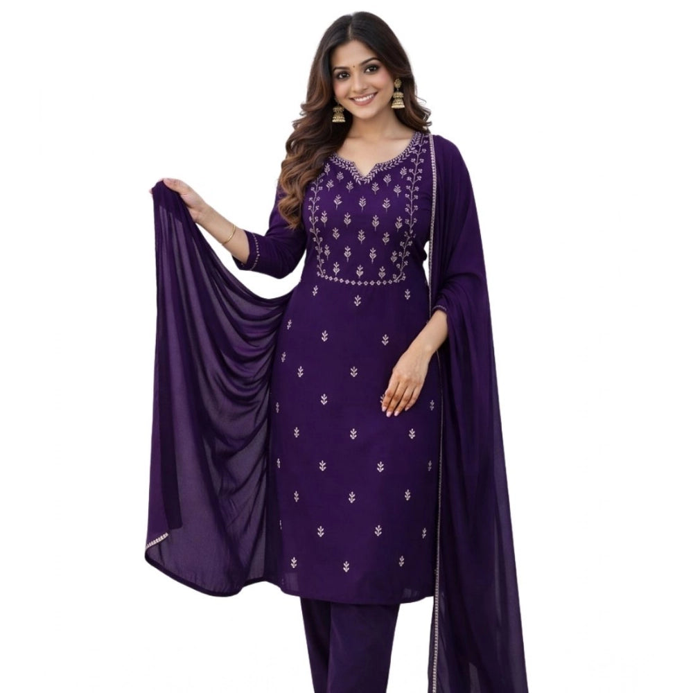 Women's Georgette Ethnic Motif Round 3/4th Sleeve Kurti With Pant Dupatta Set (Purple) - VANSHELLE